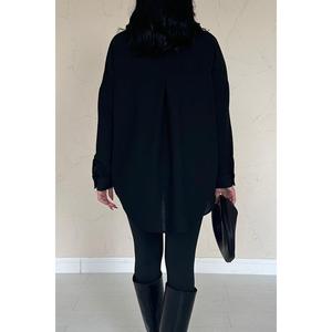 Camisa Larga Holgada Elegante Negra para Mujer, Poliéster, Color Sólido, Estilo Europeo, Prenda Casual - Product Image 2