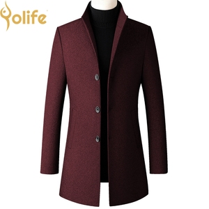 Yolife New Style Solid Men Long Wool Coat Slim Fit Wine Red <strong>Black</strong> Navy Blue Gray <strong>Overcoat</strong> - Product Image 2