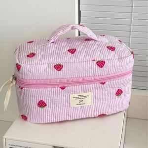 Custom Strawberry Stripes Pink Cosmetic <b>Bag</b> Print Large Capacity Portable Travel Storage Pouch Quilted Makeup Toiletry <b>Bag</b> - Product Image 2