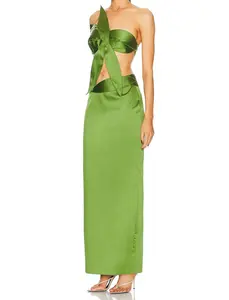 महिलाओं के लिए फ्रंट टाई इवनिंग ड्रेस के साथ ऑफ शोल्डर सैटिन ओलिया ड्रेस में अनुकूलित लंबा गाउन