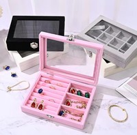 Boîte à bijoux de voyage en velours rose et bleu, avec fenêtre en verre pour l'affichage des bijoux, vente en gros