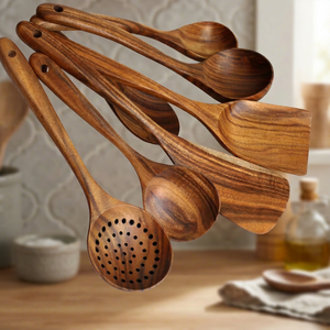Hand Polished Wooden Kitchen Utensil Set with Spatula and Spoons Novelty Design Durable Flatware for Camping - Product Image 1