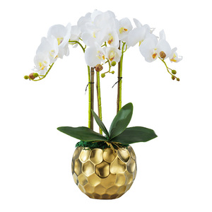 High Quality Latex Orchid Bonsai Artificial Potted Orchid Flower with Gold Vase for Home Decoration