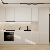 Solution complète pour la personnalisation de toute la maison : Cuisine en bois avec îlot en quartz et marbre, grand rangement, évier, robinet, panier et accessoires