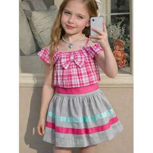 Conjunto de Blusa y Falda para Niña, Manga Corta, Plisado con Volantes, Poliéster y Algodón, 2 Piezas, Ropa de Boutique - Product Image 1
