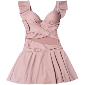 Traje de baño de una pieza para mujer, traje de baño estilo falda con diseño de cuello pronunciado y color rosa para vacaciones, natación y deportes acuáticos - Product Image 3