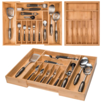 Organizador de Cubiertos Expandible de Bambú, Bandeja de Almacenamiento para Cubiertos, Organizador de Cajones de Cocina para Cubiertos, Platos y Utensilios