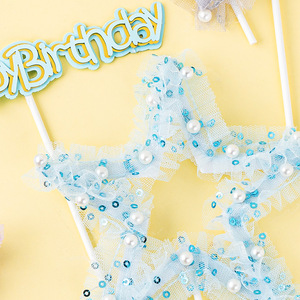 Happy Birthday Star Cake Toppers Mesh Pearl Decorations For Birthday Party Dessert Table - Product Image 4