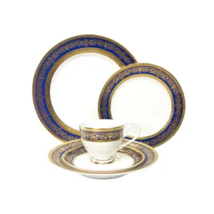 wholesale dinner set new bone china custom design pakistan India european style fine porcelain plate gold rim dinnerware set