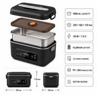 Boîte à lunch électrique sans fil rechargeable, chauffe-plat portable auto-chauffant en acier inoxydable, capacité 1L, avec fonction Power Bank