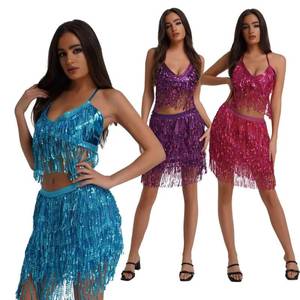 MS <b>Sequins</b> Tassel Dancing Sets Women Sexy Belly Dance Costume Shiny Halter <b>Bra</b> Hip Scarf Wrap Belt Dancer Skirt Dancewear - Product Image 2