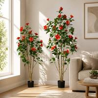 Arbre d'hibiscus artificiel de 150 cm, fleurs rouges, plante artificielle en pot pour la décoration de la maison, du jardin, du patio, intérieur et extérieur