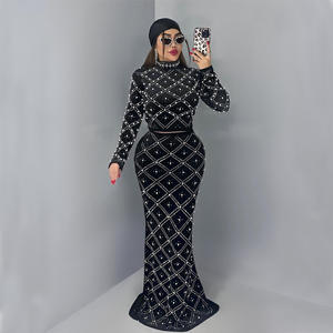 Yüksek Kaliteli Kadın 2 Parça Etek Takımı Taşlı Kadife Kıyafetler Uzun Kollu Üstler ve Midi Etek Kadın Parti ve Abiye Elbise - Product Image 3