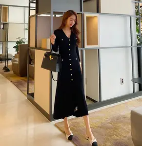 Jinyu נשים קוריאני סרוג שמלה ארוך שרוול V צוואר אלסטיים Slim עיפרון שמלות 2021 סתיו סקסי Bodycon פיצול סוודר שמלה