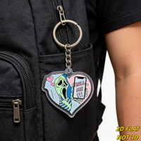 Spookachtig hart acryl sleutelhanger Screaming Spirit met CALL ME telefoon & roze harten, metalen ring + ketting voor sleutels, tassen