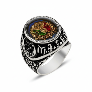 925K Sterling Silver Ottoman Arms Blue Enamel <b>Men</b> <b>Ring</b> - Product Image 2