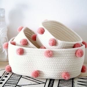 Cotton Rope Storage <b>Basket</b> Rectangle <b>Small</b> Size With Pink Pom Poms For Desk Organization - Product Image 1