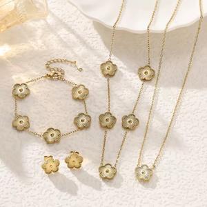 طقم مجوهرات من 3 قطع من الفولاذ المقاوم للصدأ، أساور بتصميم زهرة خماسية الأوراق لجلب الحظ، للنساء، سوار بحلية صدفية بشكل زهرة البرسيم مع عقد وأقراط - Product Image 6