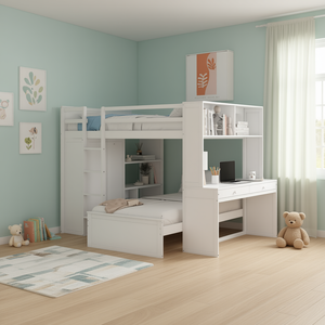 Lit mezzanine pleine taille avec lit double, bureau, étagères, armoire, ensemble de meubles pour enfants, design contemporain blanc - Product Image 2