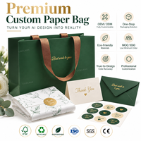 Sac en papier vert personnalisé avec poignée en ruban tissé, logo en feuille d'or, sac de luxe pour le commerce de détail, les mariages et l'emballage de cadeaux
