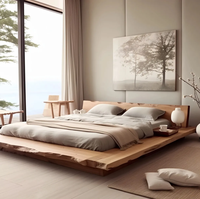 Cadre de lit en bois massif Japandi personnalisé avec tête de lit à lattes allongée, lit king-size moderne de luxe pour projet d'hôtel de charme