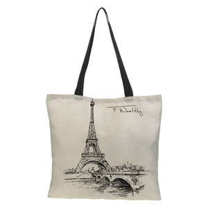 Dames sacs à provisions avec Logos <span class=keywords><strong>Paris</strong></span> Style tour imprime sac fourre-tout Shopping lin tissu beaux sacs à provisions réutilisables - Product Image 3