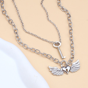 Collar con Colgante de Corazón y Alas de Ángel, Aleación de Zinc, Multicapa, Joyería de Moda para Mujer, Color Plateado - Product Image 4