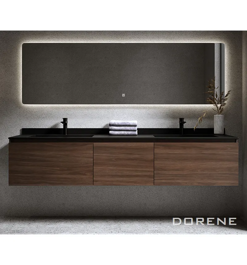 2023 Dorene European Walnut Wood Modern Design Wall Hung Floating Hotel Apartment Bathroom Vanity Sink Cabinet