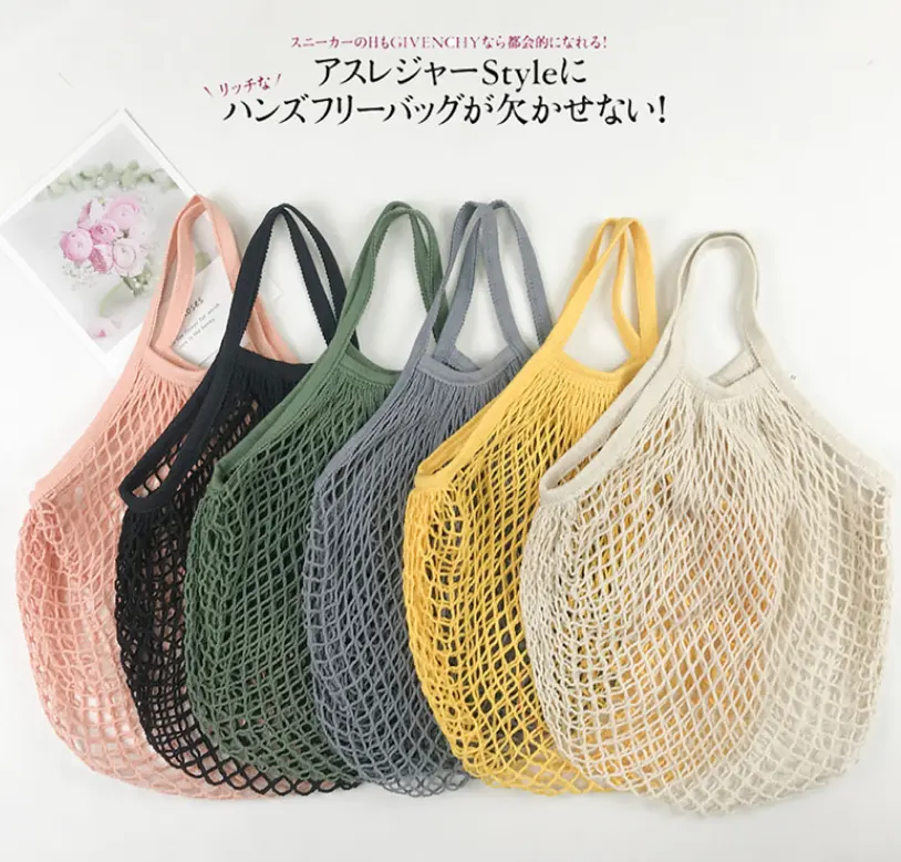 Reciclado Reutilizável Frutas Vegetais Mercearia Produzir Tote Algodão String Mesh Net Shopping Bag Com Punho Longo