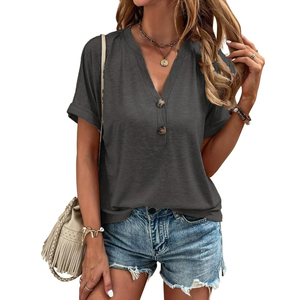 T-shirt pour femme à col en V et manches courtes, couleur unie, coupe ample, décontracté, surdimensionné, élégant, printemps-été, respirant, en coton - Product Image 1