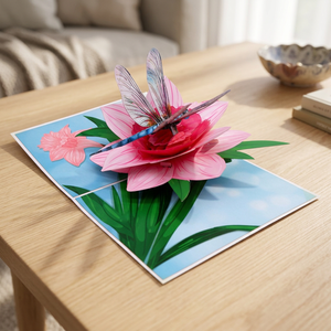 Carte pop-up 3D florale rose avec lys et libellule, artisanat en papier fait main, décoration rectangulaire pour la maison, design découpé, impression offset - Product Image 3