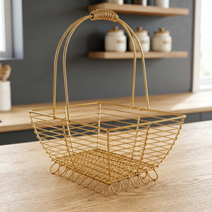 Gold Plated <b>Metal</b> Wire Basket Rectangle Shape Modern Decorative Handle Single Piece Package - Product Image 1