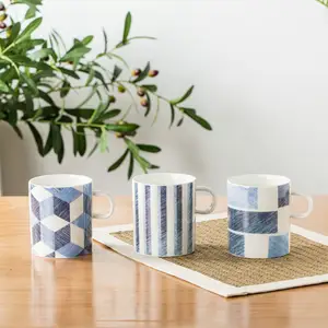 Taza de café de porcelana duradera, diseño geométrico, elegante, taza de té azul usada