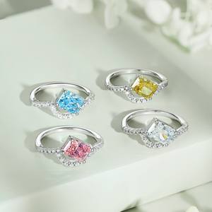 Fabriekslevering op maat gemaakte sieraden roze zirkonia ring 8A ijs geslepen blauwe 925 sterling zilveren ring dames hart diamant trouwringen - Product Image 4