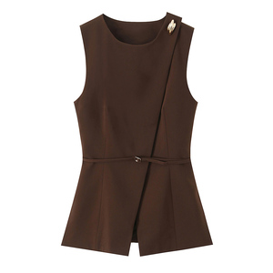 Brown Color Crew Neck Sashes Casual Fashion Vest <strong>Waistcoat</strong> <strong>for</strong> <strong>Women</strong> - Product Image 1