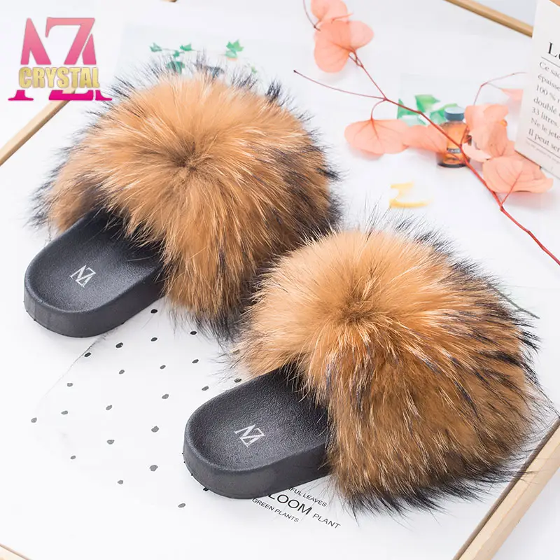 USA big thick brown racoon custom designer logo real womens raccoon furry fluffy fur slides slippers sandals pvc for women kids