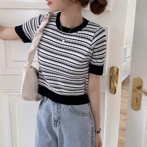 T-shirt <span class=keywords><strong>a</strong></span> Quadri Estiva da Donna con Maniche Corte, Design Coreano, Moda Femminile Slim Fit con Collo Tondo - Product Image 4