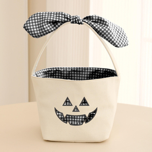 Cesta de lona a cuadros de gran venta para decoración de Halloween, con diseño de cara de calabaza divertida y para dulces - Product Image 2