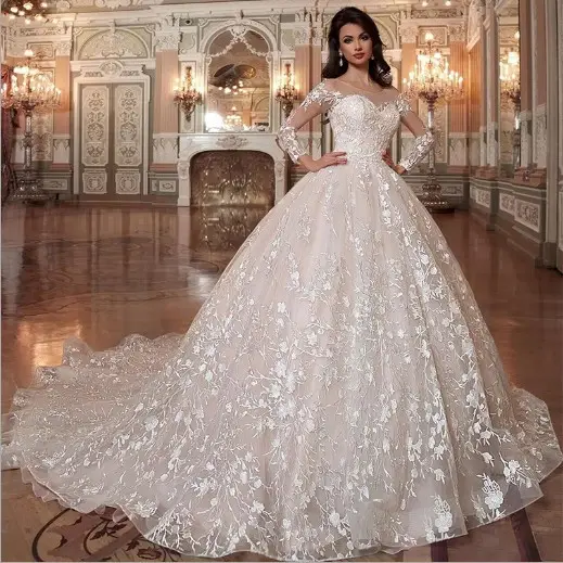 High Quality See Through Lace Long Sleeve Wedding Dresses Luxury Backless Embroidered Princess Wedding Dress With Long Train