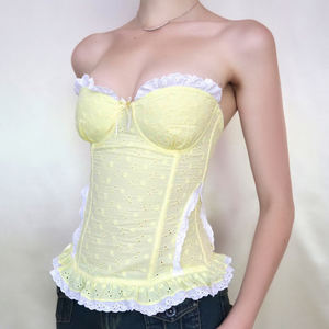 Top de Verano para Vacaciones en la Playa, Color Amarillo Mantequilla, Jacquard con Contraste, Sin Tirantes, Ajustado, con Volantes, Estilo Camisola - Product Image 4