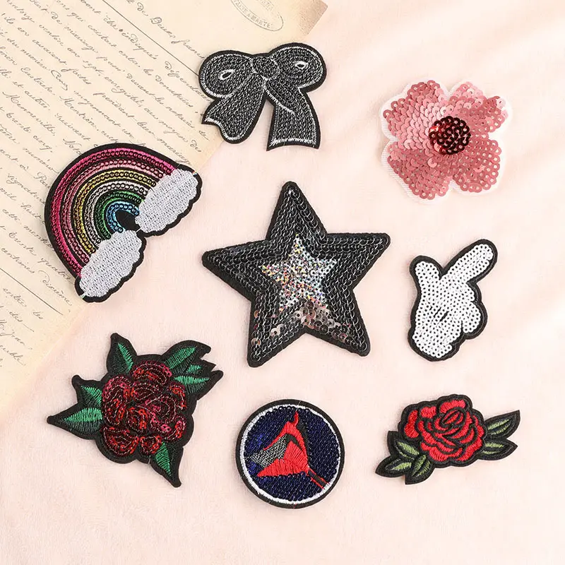 Wholesale Embroidery Patches Sequin Embroidered Flower Star Rainbow Iron on Applique for Garments