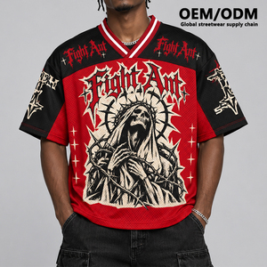 เสื้อยืดเจอร์ซีย์ฟุตบอลฮิปฮอปทรงหลวม ผ้าตาข่ายโพลีเอสเตอร์ 100% น้ำหนัก 200GSM ระบายอากาศได้ดี พิมพ์ลายแบบซับลิเมชั่น ขอบยางตัดสี  รับผลิตแบบ OEM ODM สำหรับเสื้อผ้าผู้ชาย - Product Image 1