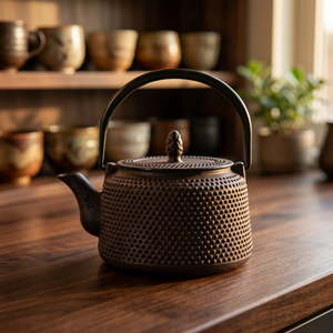 Tetera de metal tradicional china con tapa y asa, diseño texturizado en marrón oscuro - Product Image 6