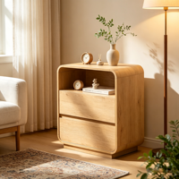 Mesa de Noche Moderna Curva de Madera con Estación de Carga y 2 Cajones de Almacenamiento, Mesa Auxiliar para Dormitorio, Muebles de Sala de Estar
