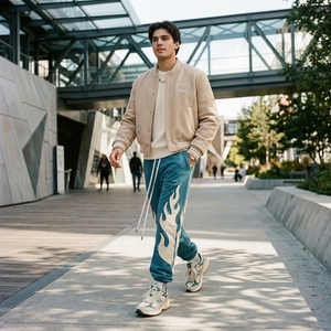 Pantalon de survêtement évasé pour homme, personnalisé par le fabricant, avec broderie et appliqué, bord brut, coupe large et empilée - Product Image 3