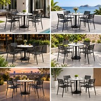 Ensemble de table à manger ronde d'extérieur en alliage d'aluminium, 4 fauteuils modernes noirs pour patio, jardin, café, balcon