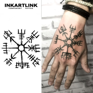 INKARTLINK Autocollant de tatouage semi-permanent 15 jours, motif <span class=keywords><strong>Boussole</strong></span> Viking Vegvisir, Totem Runic Nordique, Art Corporel Semi-permanent à base de plantes, Vente en gros - Product Image 1