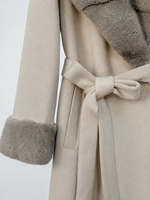 Lässiger Warmer Herbst-Kaschmirmantel mit Nerzkragen für Damen, Beiger Langer Mantel mit Gürtel und Pelzmanschetten