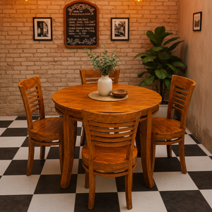 <b>Round</b> Solid Teak <b>Dining</b> Furniture with Four Curved Back Chairs Modern Wooden <b>Table</b> <b>Set</b> <b>for</b> Home Cafe and Villa - Product Image 1