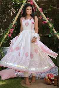 Robe anarkali faite à la main avec dupatta rose Mulmul main bloc imprimé fleuri demi Style Kurta ensemble pour femmes mariage - Product Image 5